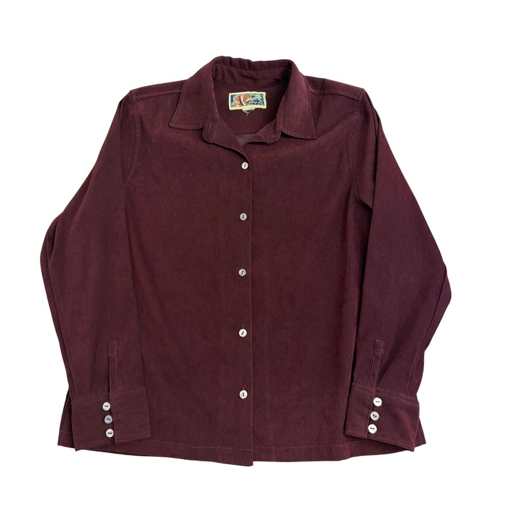 Vintage La Cabana Burgundy Faux Suede Button Down Shirt Triple Cuff Womens